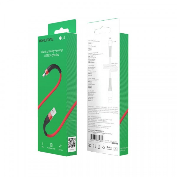 Кабель Borofone BU4, lightning, 1.2 м, красный