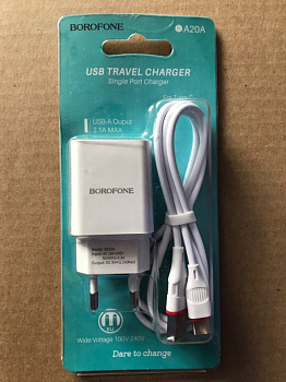 Комплект зарядки Type-C Borofone BA20A, 1 USB, 2.1А, белый