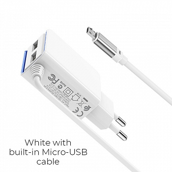 Зарядное устройство BOROFONE BA35A Brilliant 2*USB, 2.1A, белый, кабель micro USB
