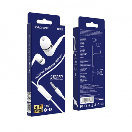 Проводные наушники BOROFONE BM39 Refined, Jack 3.5mm, 1.2 м, Белый, контроллер с микрофоном
