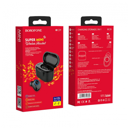Беспроводные наушники BOROFONE BC29 Lambent Mini, Bluetooth, 50 мАч, Черный, 220 мАч бокс, Hands-fre