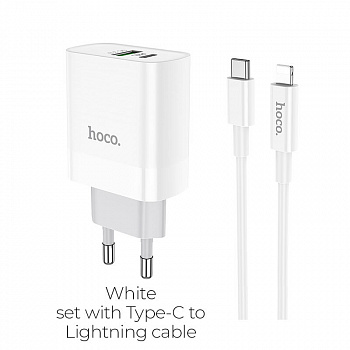 Зарядное устройство HOCO C80A Rapido, 3.1A, белый, Двойной порт USB/ Type-C,PD3.0, QC3.0, кабель Type-C - Lightning