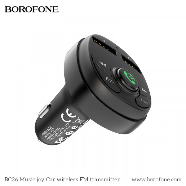 Автомобильное зарядное устройство BOROFONE BC26 Music joy 2*USB, 2.1A, черный, FM-передатчик,FM/SD